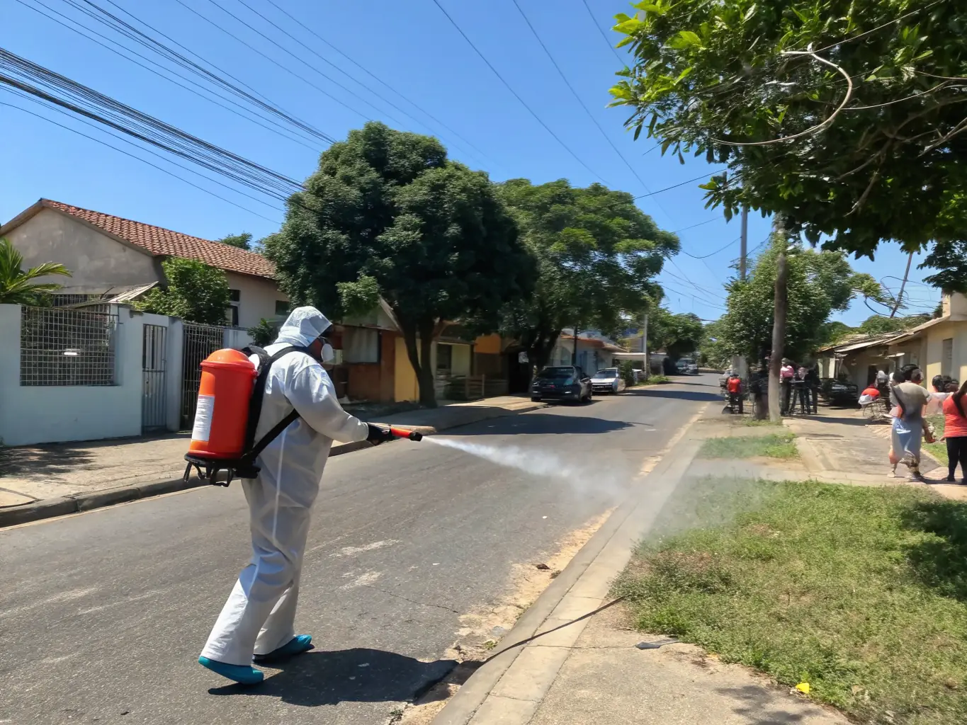 An image depicting a public health worker spraying pesticide in a residential area, focusing on safety and effectiveness, to illustrate the use of public health pesticides in controlling disease-carrying pests.