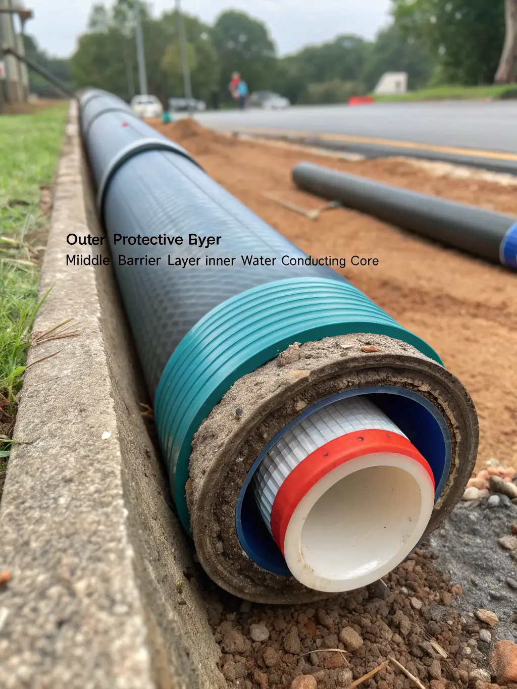 A cross-section of a Span Shield Enterprise pipe, highlighting its UV resistance and sturdy construction, placed outdoors under the harsh Ahmedabad sun.