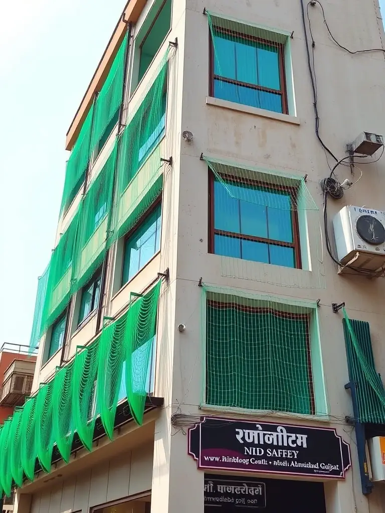 A photo showcasing a commercial building in Ahmedabad, Gujarat, fitted with bird safety nets to protect its facade from bird-related damage. The nets are discreet and maintain the building's aesthetic appeal.