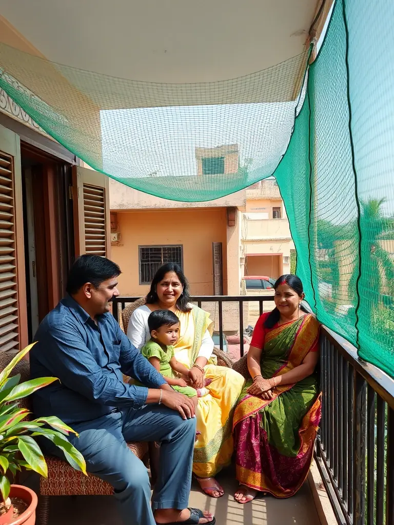 An image of a family enjoying their balcony in Ahmedabad, Gujarat, without the disturbance of birds, thanks to the installation of a bird safety net. The atmosphere is relaxed and comfortable.
