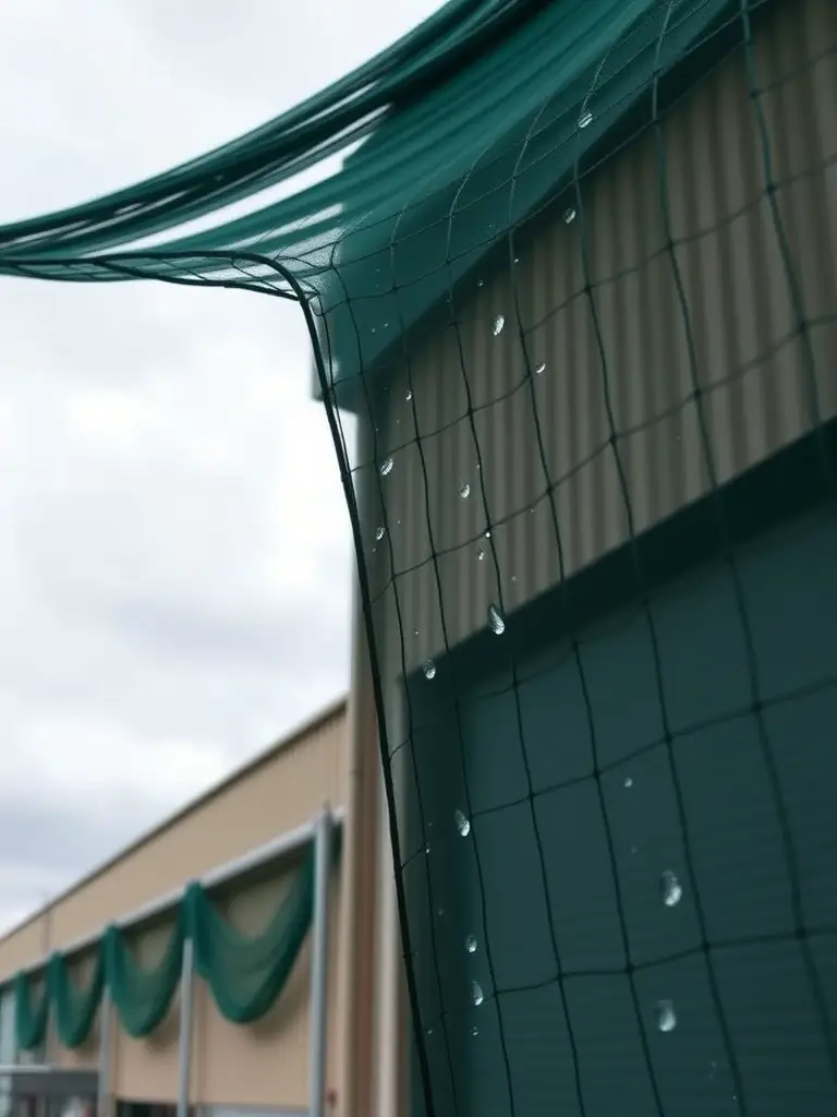 A PVC-coated bird net installed around an industrial warehouse, highlighting its waterproof properties and ability to withstand harsh weather conditions.