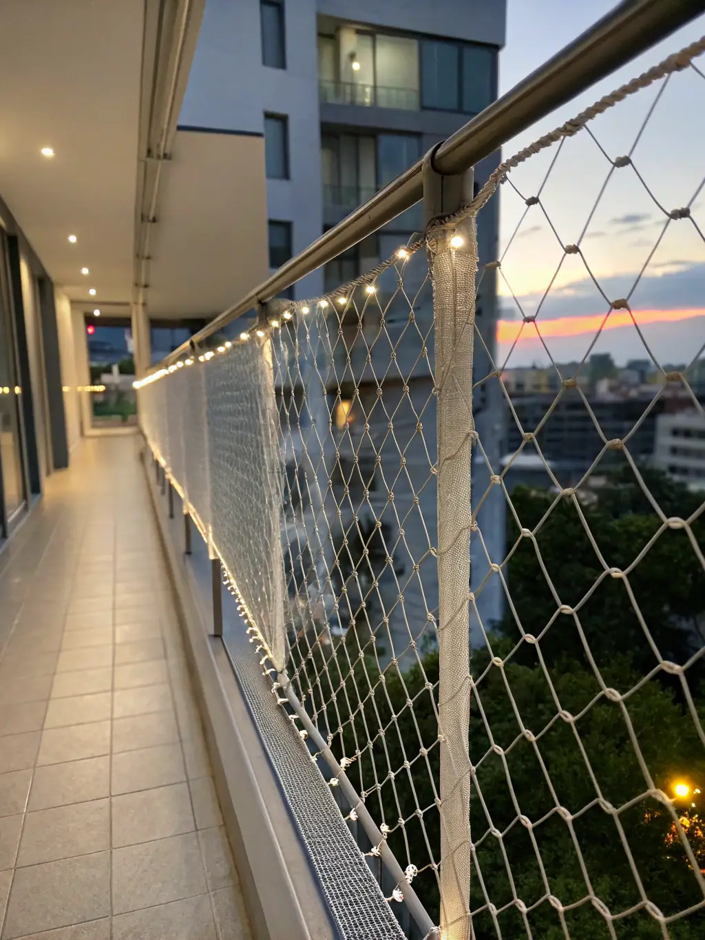 A high-resolution image depicting a residential balcony in Ahmedabad, Gujarat, completely protected by a professionally installed bird safety net, preventing pigeons from entering and causing damage. The net is taut and nearly invisible, blending seamlessly with the building's architecture.