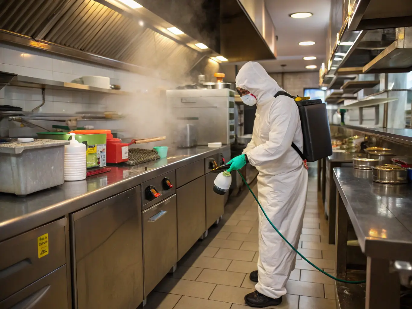 An image showing a technician spraying a commercial kitchen for cockroaches, wearing protective gear and using professional-grade equipment. The kitchen should appear clean and well-maintained.