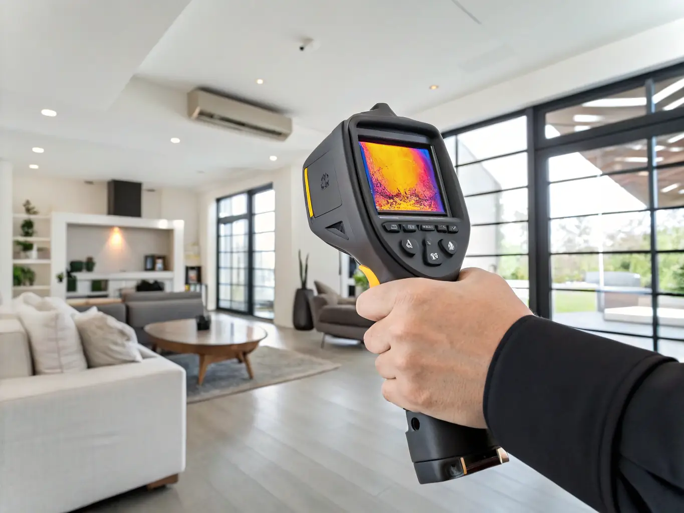 An image depicting a technician using thermal imaging to detect termite activity within a wall, showcasing advanced detection methods.