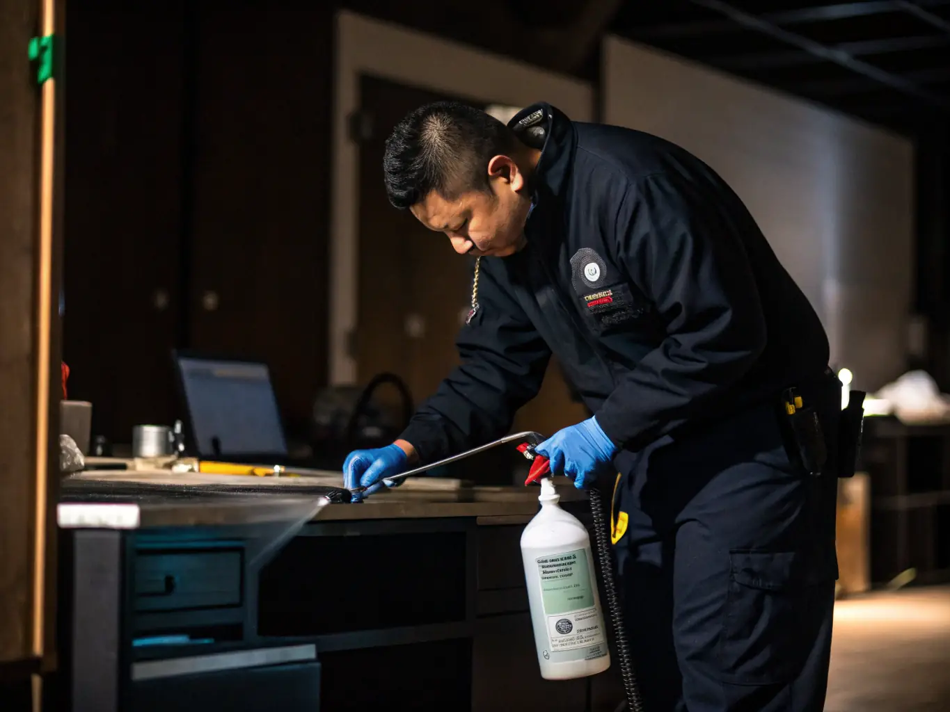 A photo of a technician wearing protective gear while applying a safe and approved chemical treatment in a commercial setting, highlighting safety protocols.