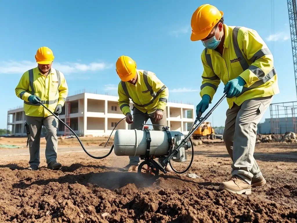 A wide-angle shot of construction workers applying termite treatment to the soil before the foundation is laid, ensuring a protective barrier against termites. The Span Shield logo is subtly visible on their uniforms.