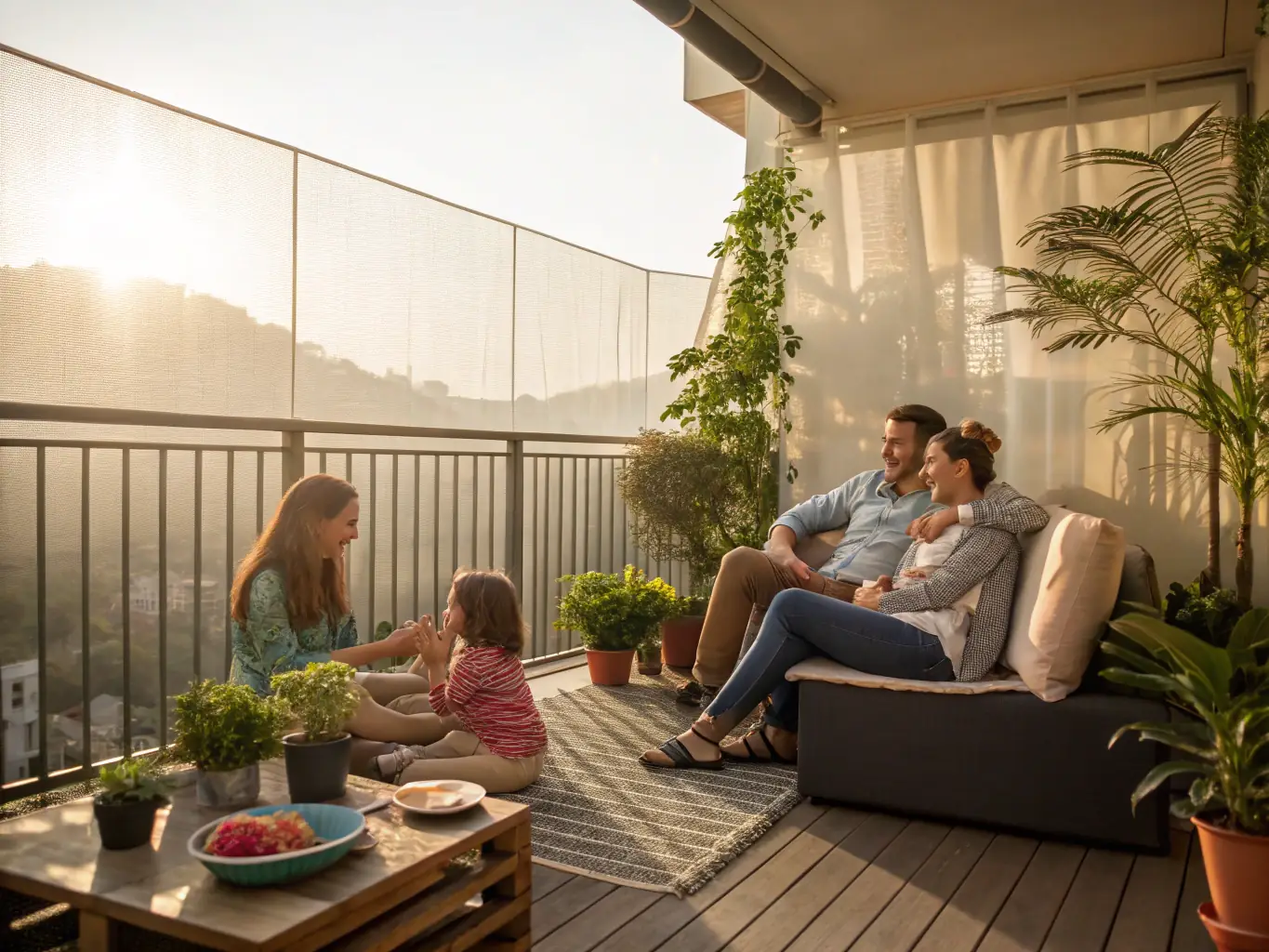 A visual representation of a clean and safe environment created by bird safety nets, featuring a family enjoying their balcony without the nuisance of birds. The image emphasizes the peace of mind and improved quality of life that bird safety nets provide.