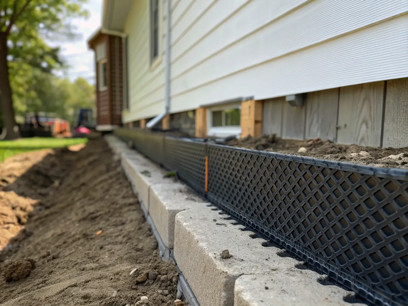 A newly constructed building foundation being treated with termite prevention chemicals, showcasing the application process and the protective barrier being created.