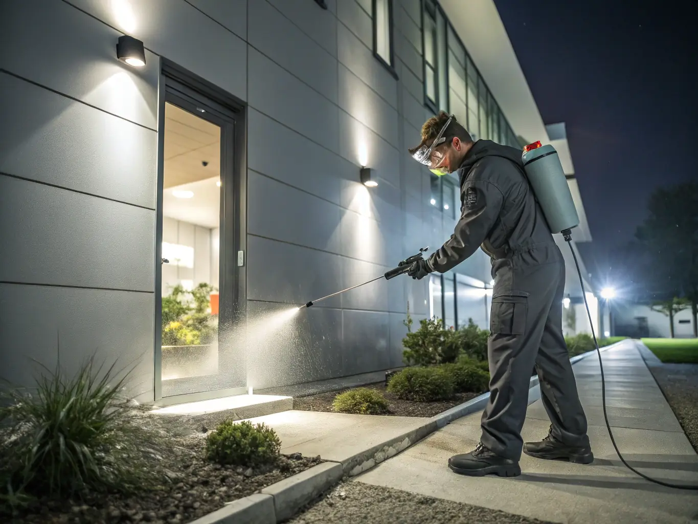 A close-up image of a concrete foundation being sprayed with a termite treatment solution, highlighting the precision and thoroughness of the application. The Span Shield technician is wearing protective gear.