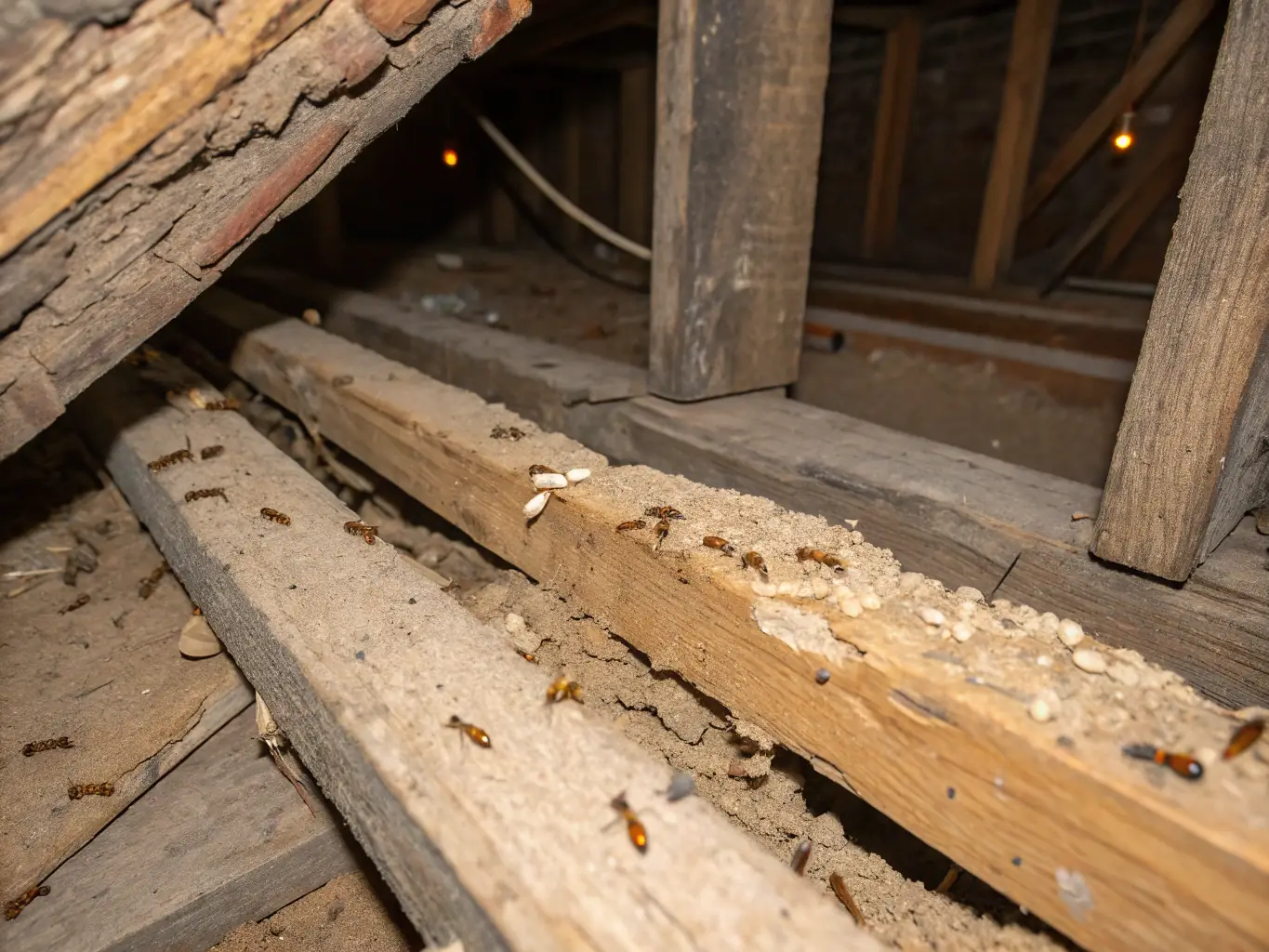 A detailed image of a termite-infested wooden structure, highlighting the damage caused by termites and the importance of early detection and treatment.