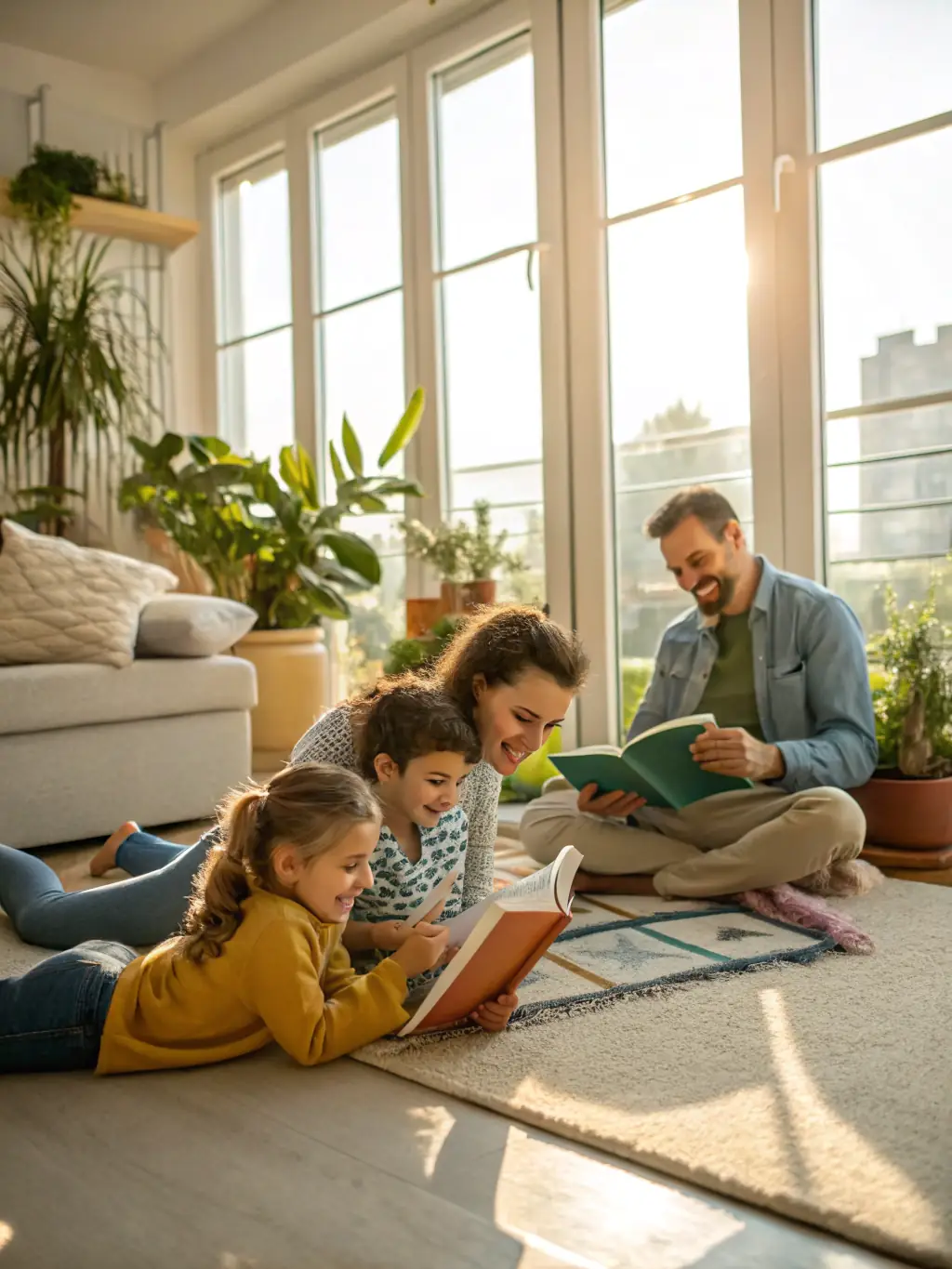 A close-up shot of a family smiling and relaxing in their living room, free from pests, with sunlight streaming through the window, symbolizing a safe and healthy home environment thanks to Span Shield's pest control services.