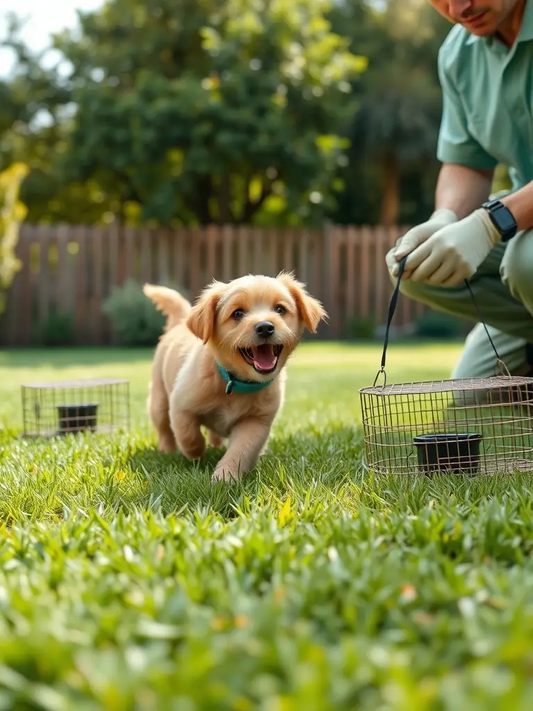 A family pet (dog) safely playing in a backyard, while in the background a Span Shield technician is applying rodent control measures, highlighting the safety for pets.