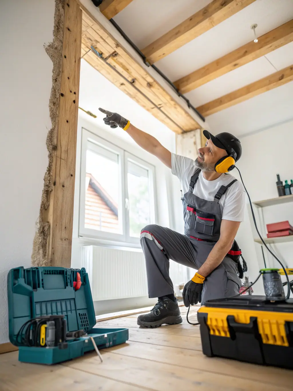 A termite colony inside a wooden structure, with a technician applying a non-toxic termite treatment, showcasing the targeted and eco-conscious approach to termite control.
