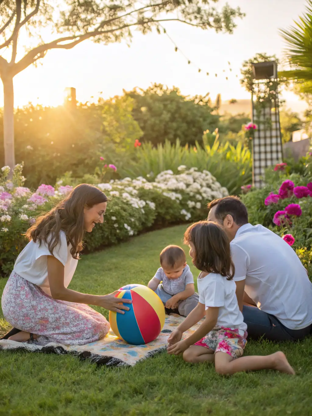 A happy family playing in their garden, free from pests, with a subtle hint of Span Shield's eco-friendly pest control equipment in the background.