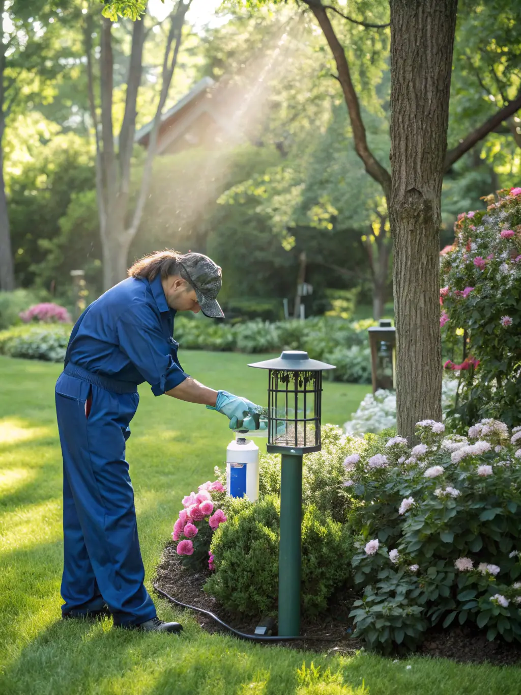 A mosquito fogging operation using a natural, plant-based solution in a residential area, with children playing safely in the background, emphasizing the safety and eco-friendliness.