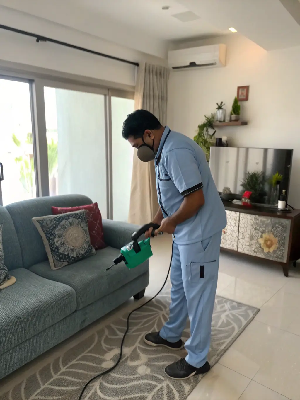 A technician from Span Shield Pest Control Service applying eco-friendly pest control treatment in a residential setting, showcasing their commitment to safety and effectiveness.