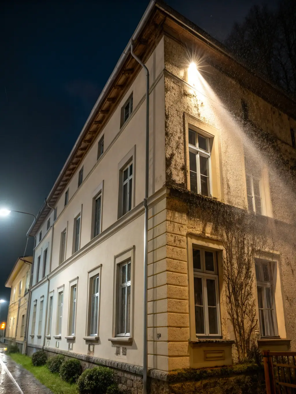 A before-and-after image showing a commercial building's facade covered in bird droppings versus a clean facade after installing Span Shield's bird control solutions.