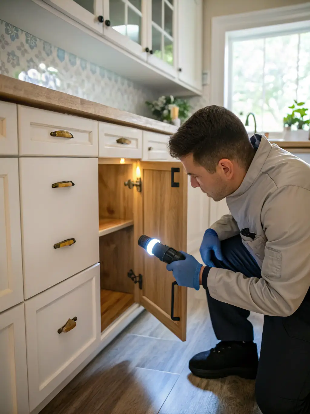 A photo of a Span Shield pest control technician inspecting a home for pests, wearing professional gear and using a flashlight. The setting is a clean, modern kitchen, emphasizing the thoroughness of the inspection.