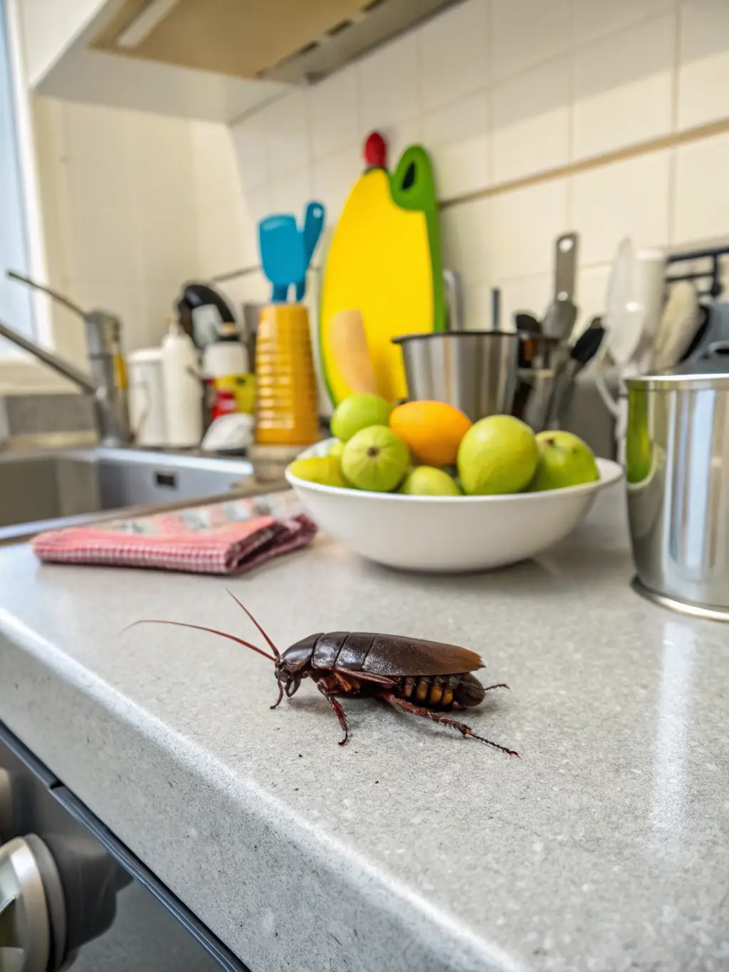 A close-up shot of a cockroach being baited with a gel insecticide in a kitchen environment, highlighting the precision and targeted approach of cockroach control measures. The setting should be clean and modern.