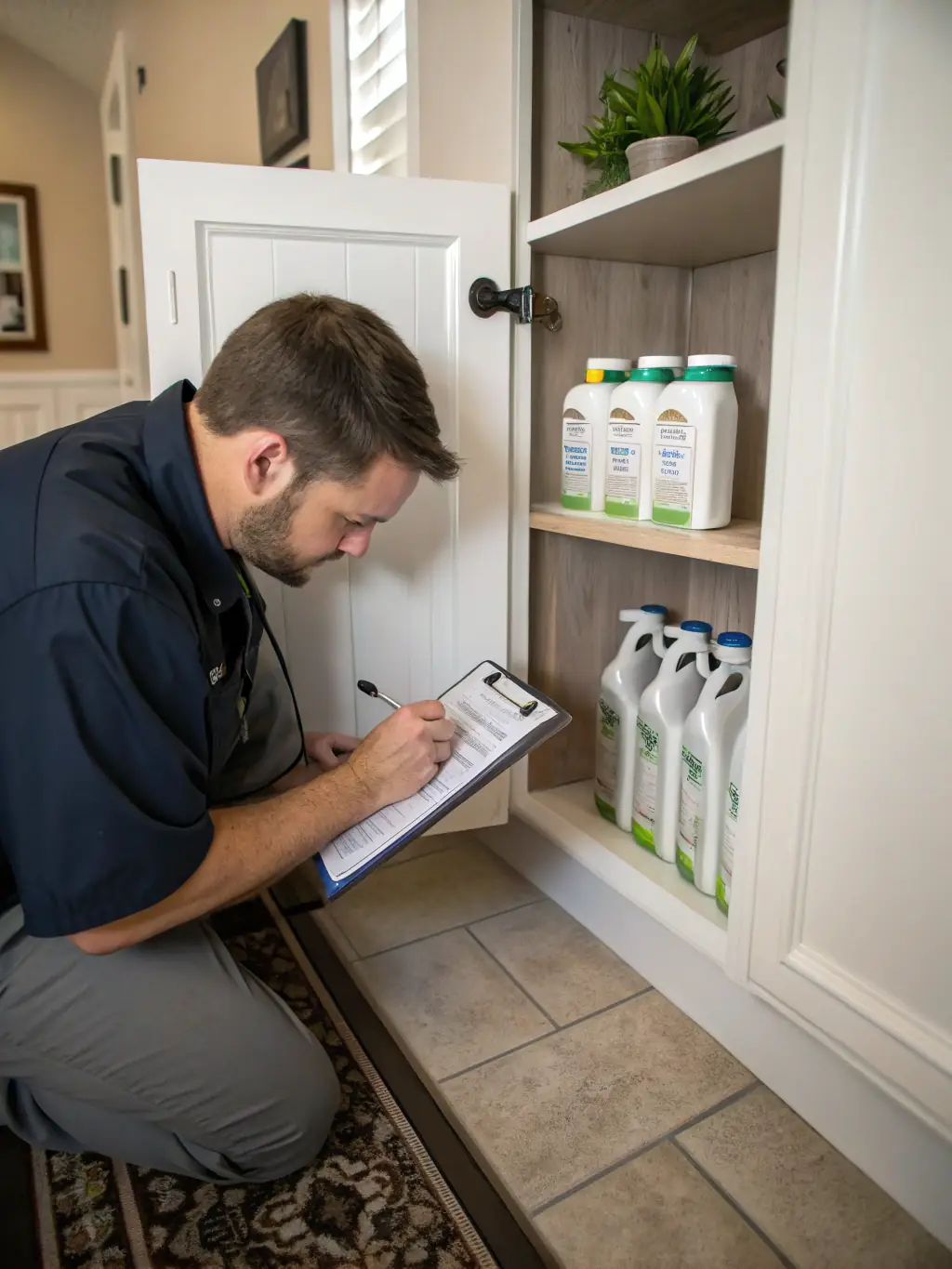 A high-resolution image depicting a termite inspection being conducted by a pest control professional in a residential setting, using specialized tools to detect termite activity in wooden structures. The image should convey thoroughness and expertise.