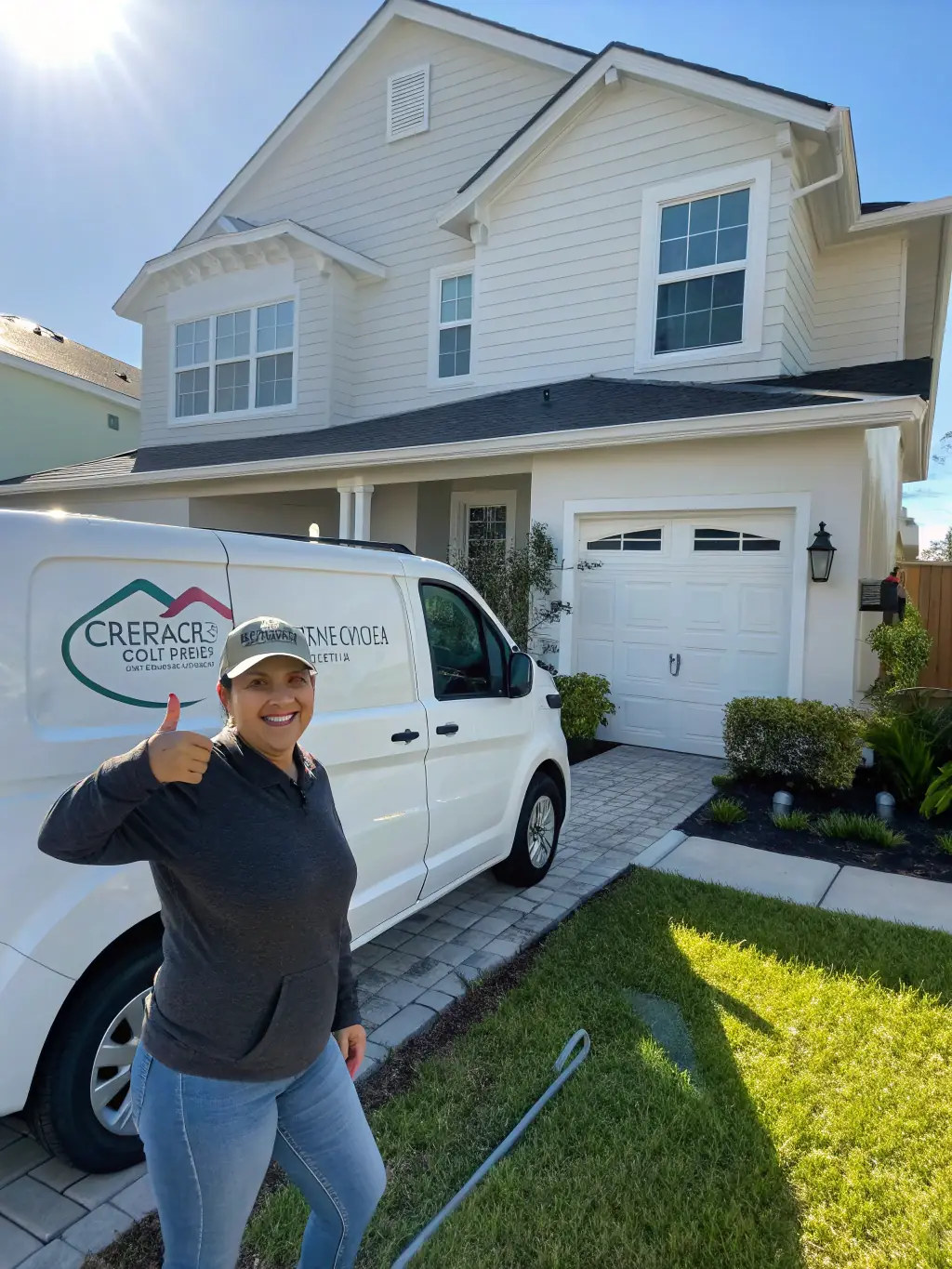 A customer giving a thumbs up with a Span Shield van in the background, conveying satisfaction and trust in the company's services.