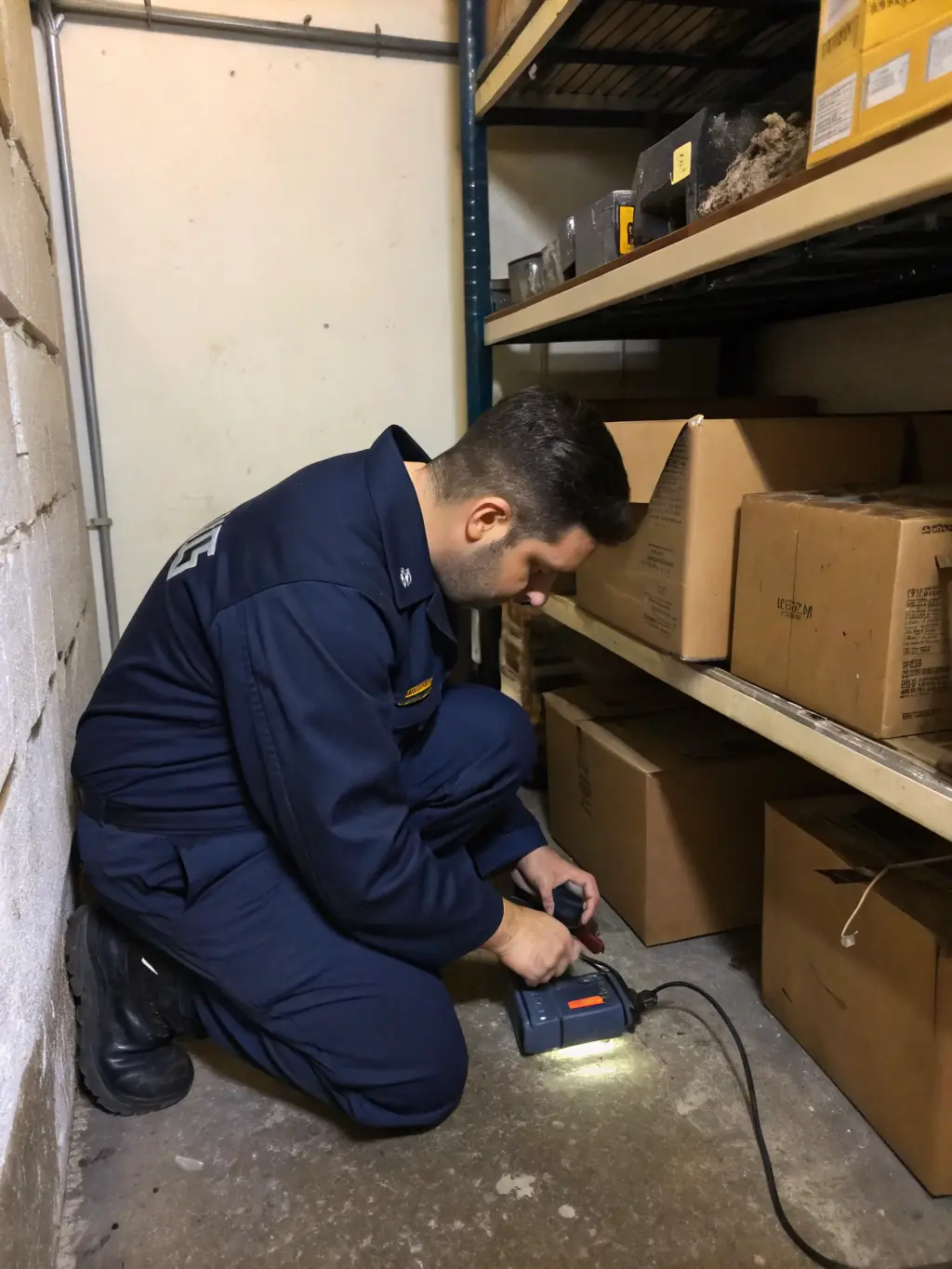 A picture of a pest control technician setting up a rodent bait station in a commercial warehouse, demonstrating the strategic placement and professional handling of rodent control measures in a larger setting.