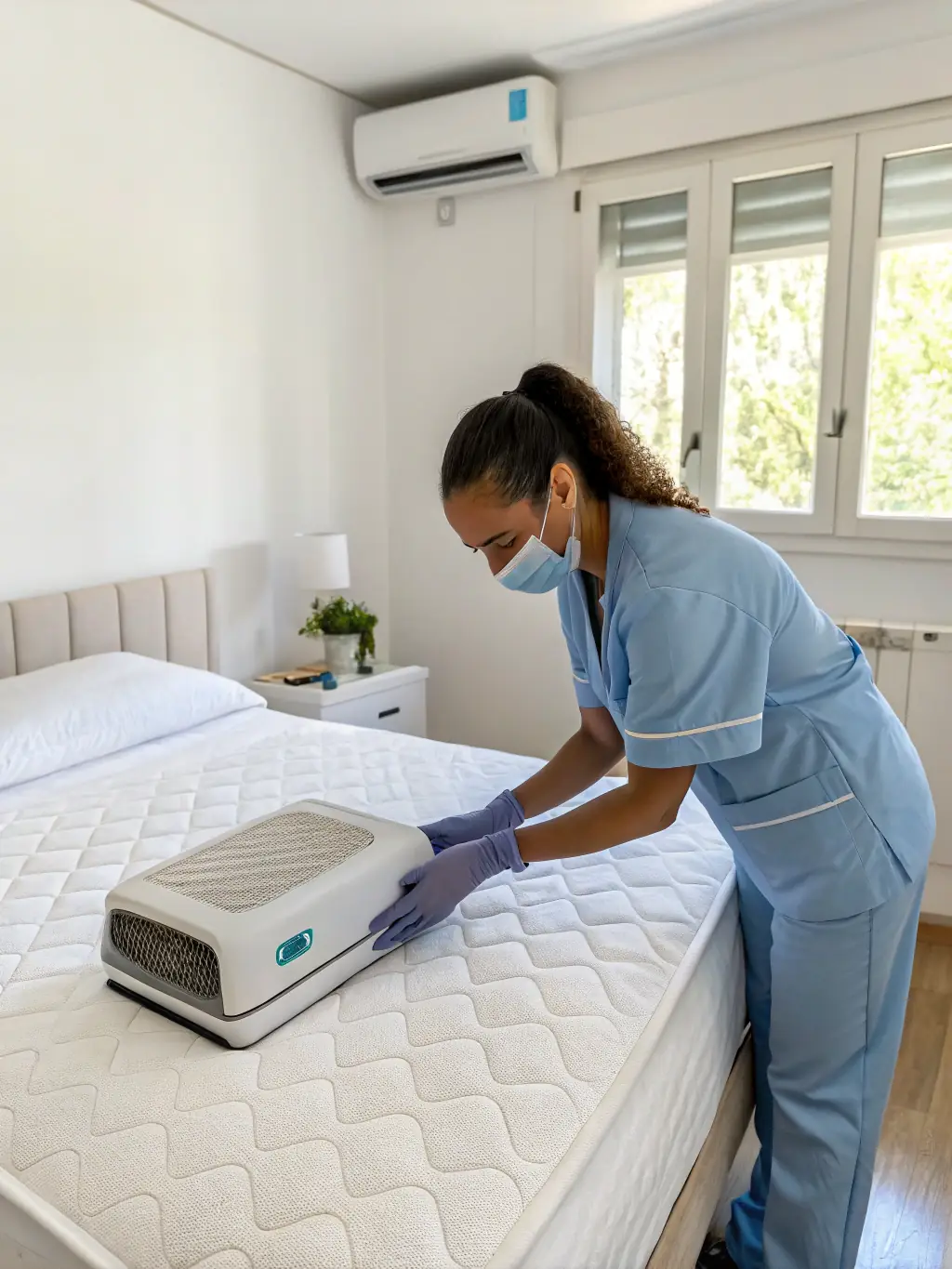 An image showcasing a bed bug being treated with a specialized spray in a bedroom, emphasizing the meticulous application and attention to detail required for successful bed bug eradication. The room should appear comfortable and inviting.