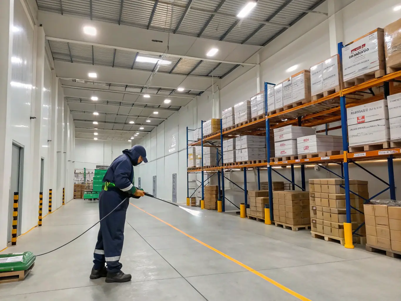 A close-up of a technician inspecting a commercial warehouse with advanced pest detection equipment, highlighting thorough and effective pest management for businesses.