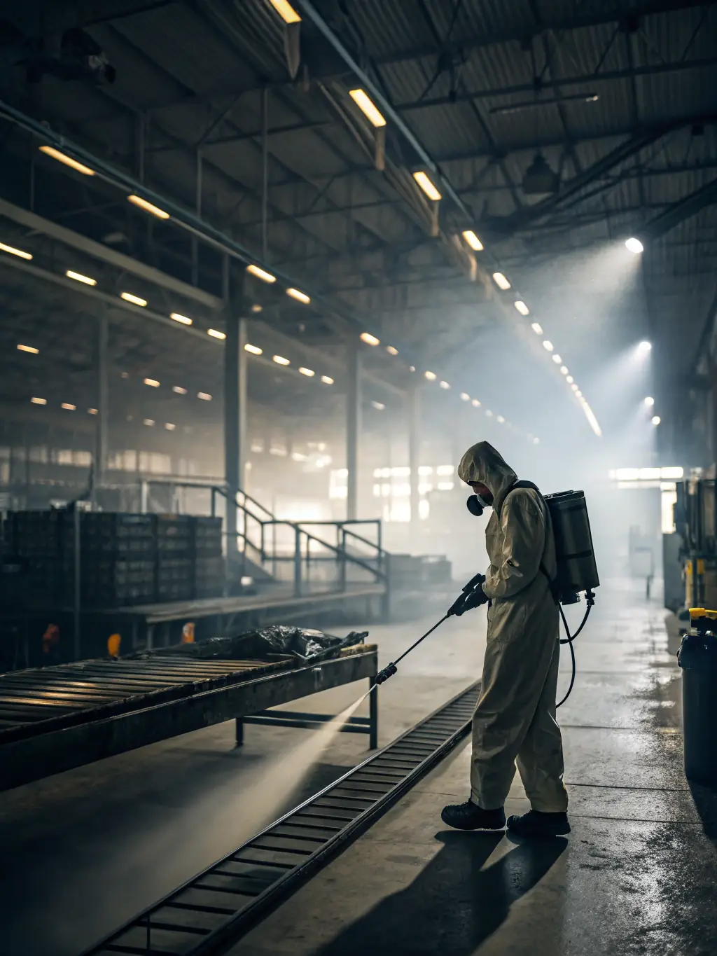 A technician in safety gear treating a warehouse with industrial pest control equipment, emphasizing large-scale pest management for factories and storage facilities.