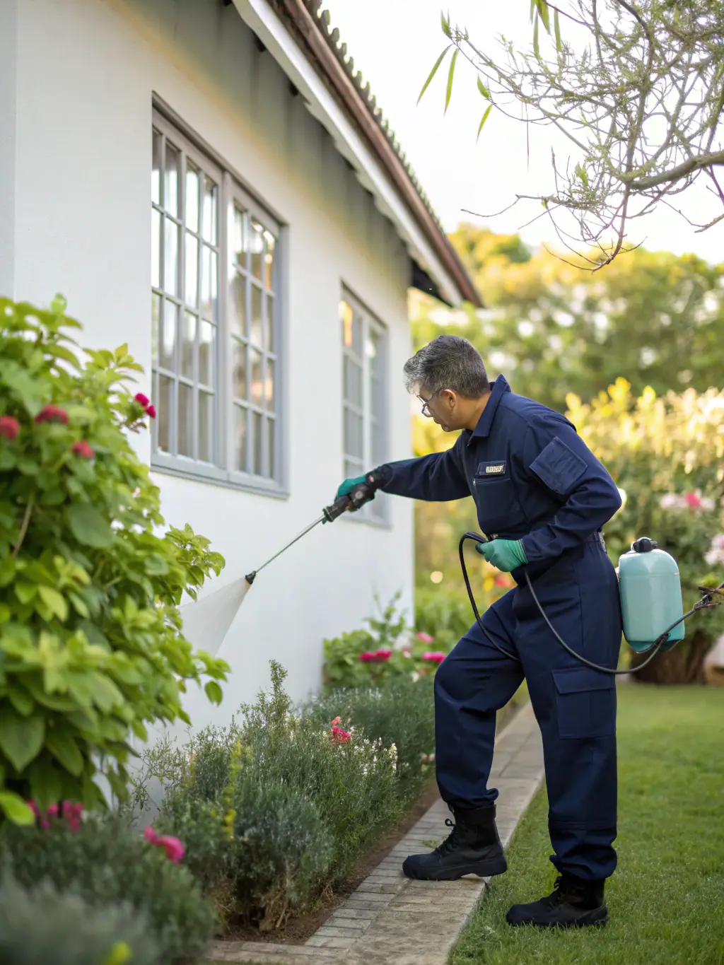 A professional technician in Span Shield uniform applying eco-friendly pest control spray in a modern living room, highlighting residential pest management in an Indian home setting.