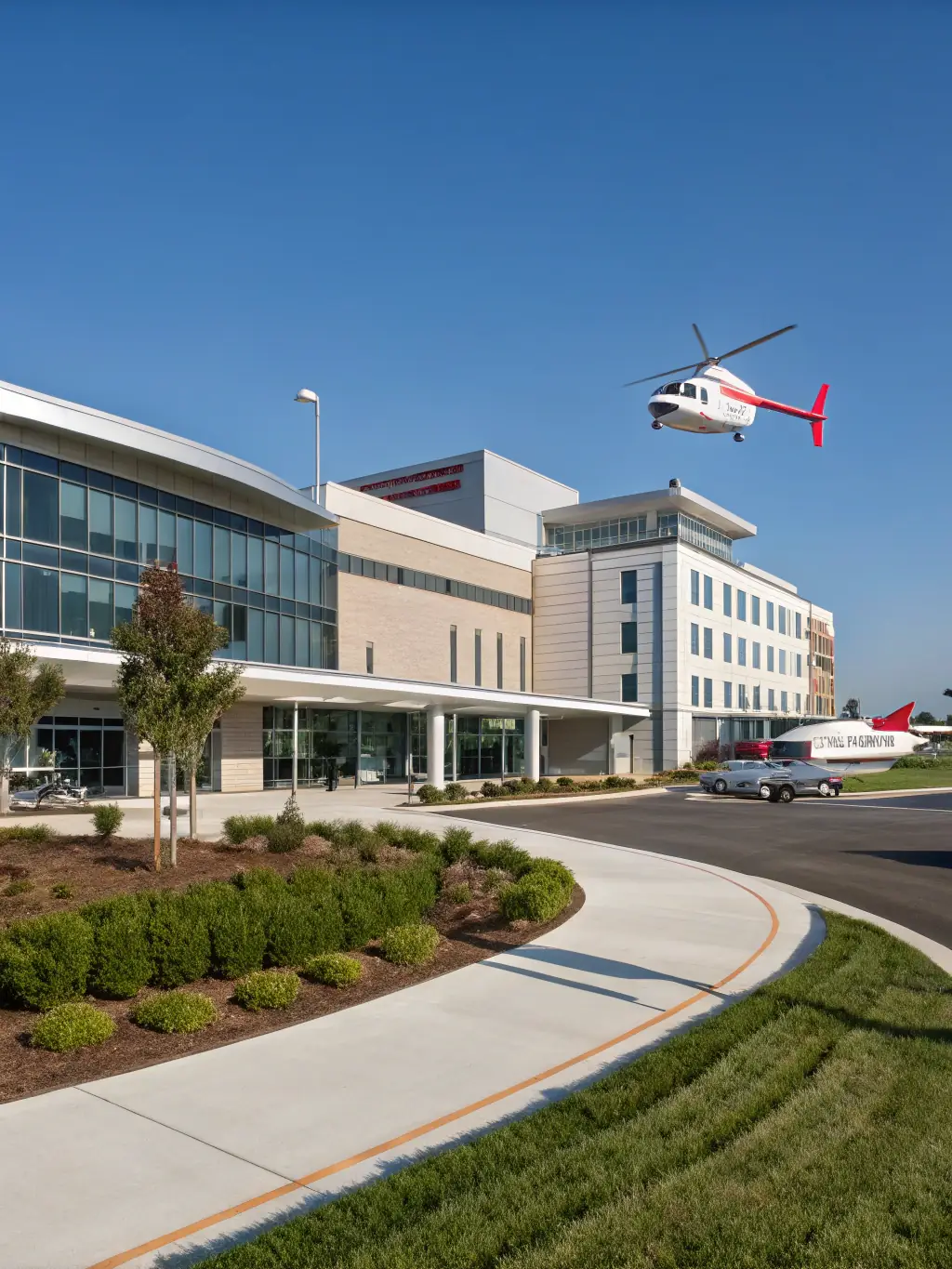 A hospital building exterior with bird netting installed over windows and ledges, medical staff visible inside, highlighting a sterile and protected healthcare environment.