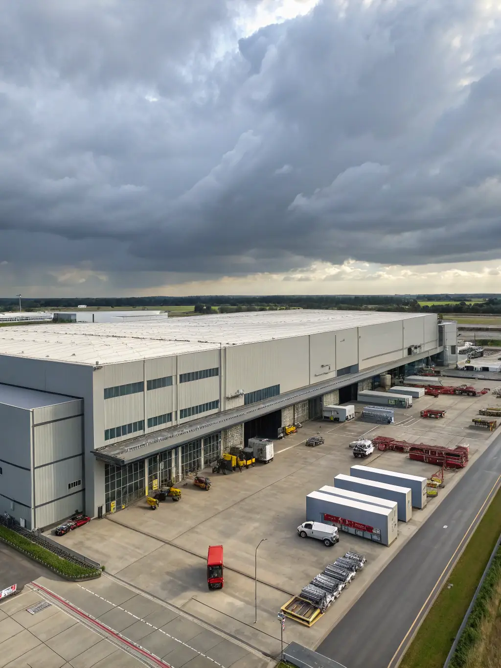 A large industrial warehouse with bird netting covering open rafters and loading bays, machinery and stored goods visible, demonstrating industrial property protection.