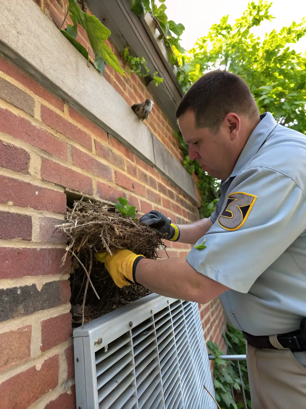 A close-up of a Span Shield expert installing bird netting on a building balcony, demonstrating bird control and prevention services.