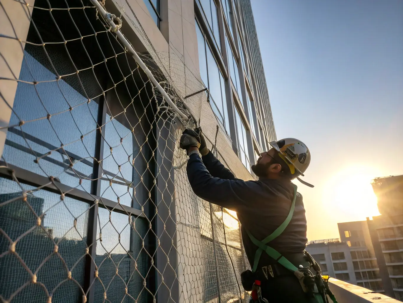 A professional installer fitting a heavy-duty Garware bird net on an industrial warehouse opening, with focus on the reinforced edges and secure anchoring.