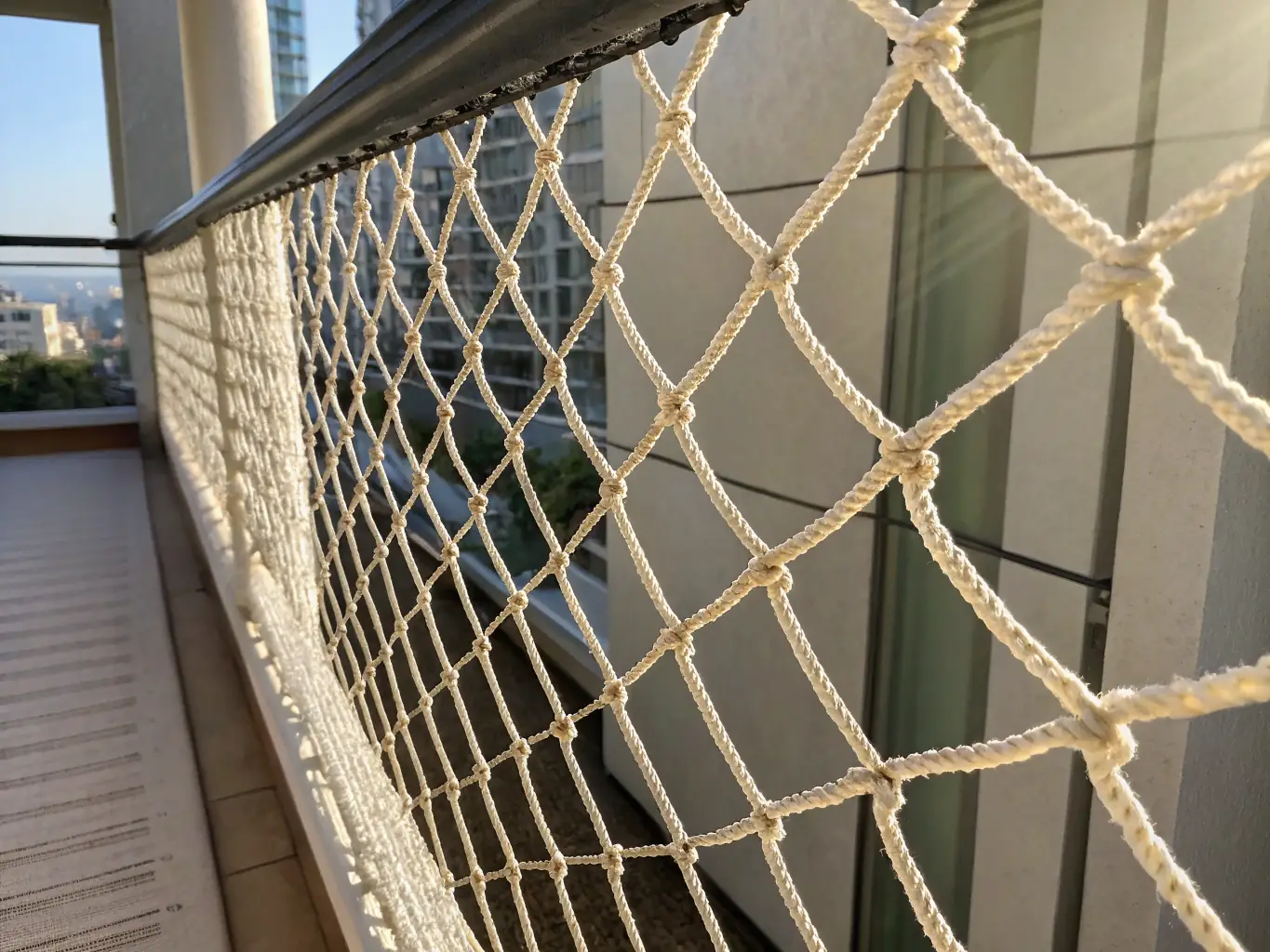 A close-up image of tightly woven, high-tensile nylon bird netting installed on a residential balcony, showing the fine mesh and sturdy knots under natural daylight.