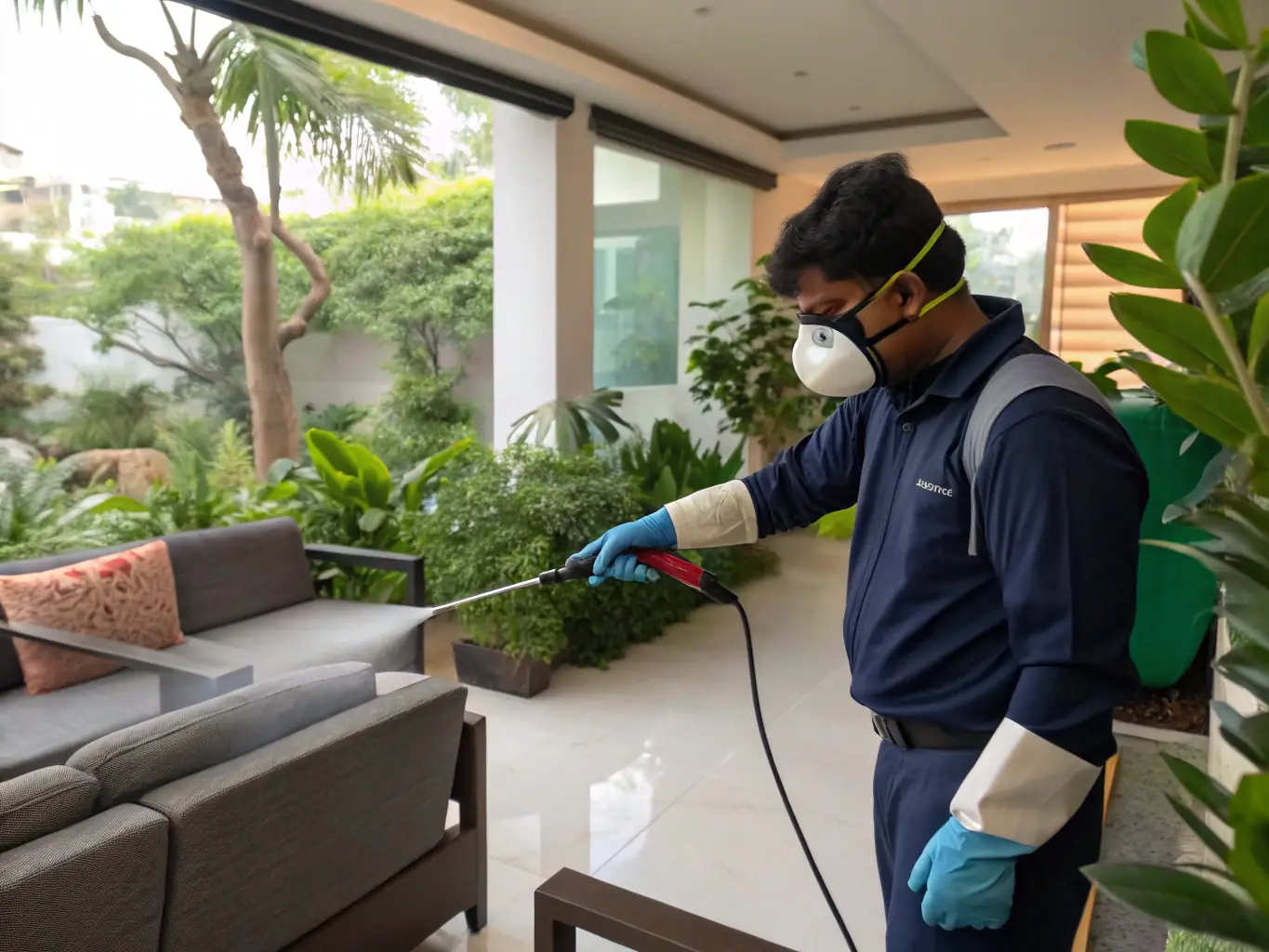 A technician installing bird netting on a high-rise Gandhinagar apartment balcony, with cityscape in the background and Span Shield branding on safety gear.