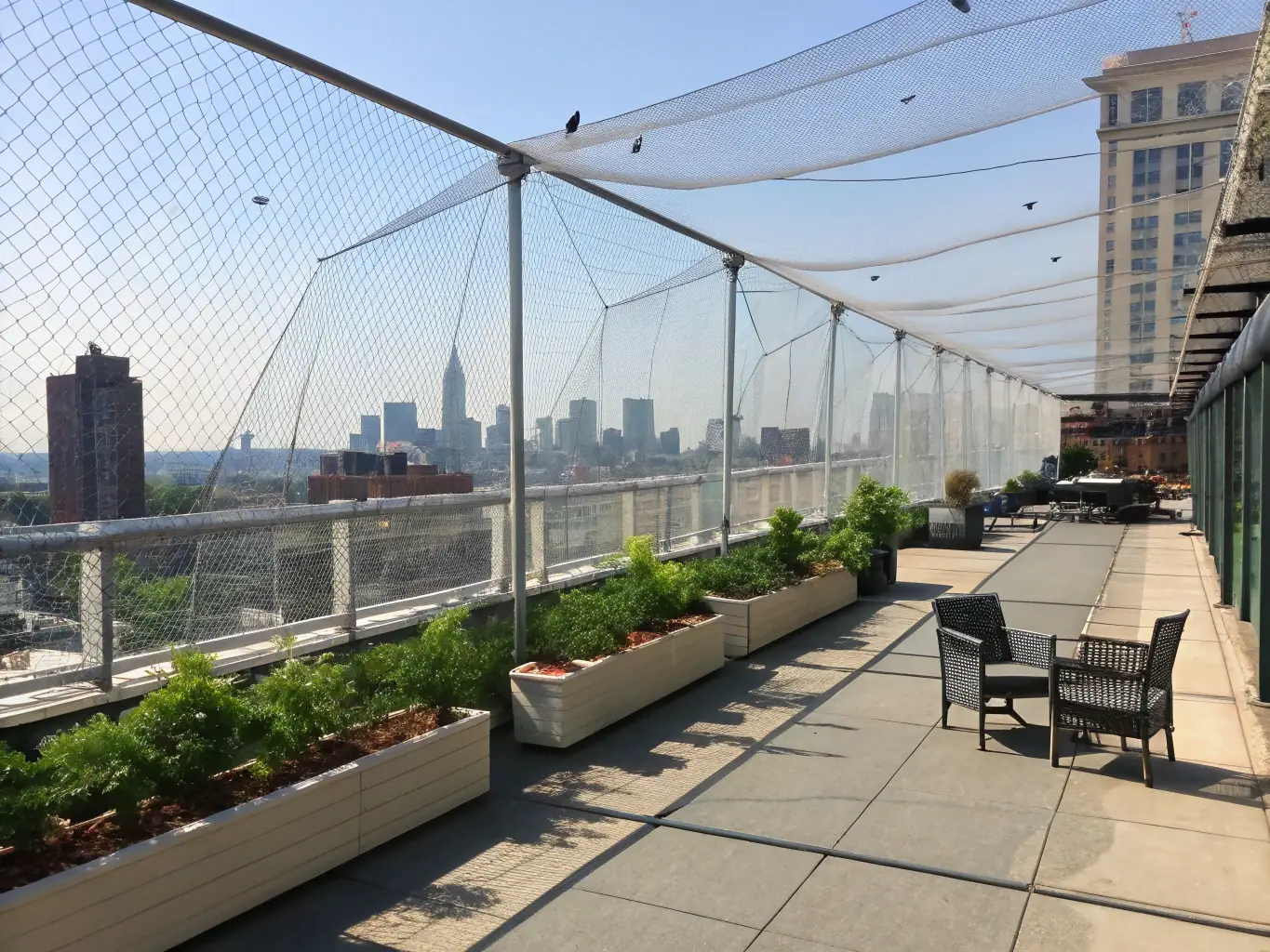 A detailed shot of black HDPE bird netting stretched across a commercial building facade, highlighting the UV-stabilized, weatherproof material in a sunny outdoor setting.