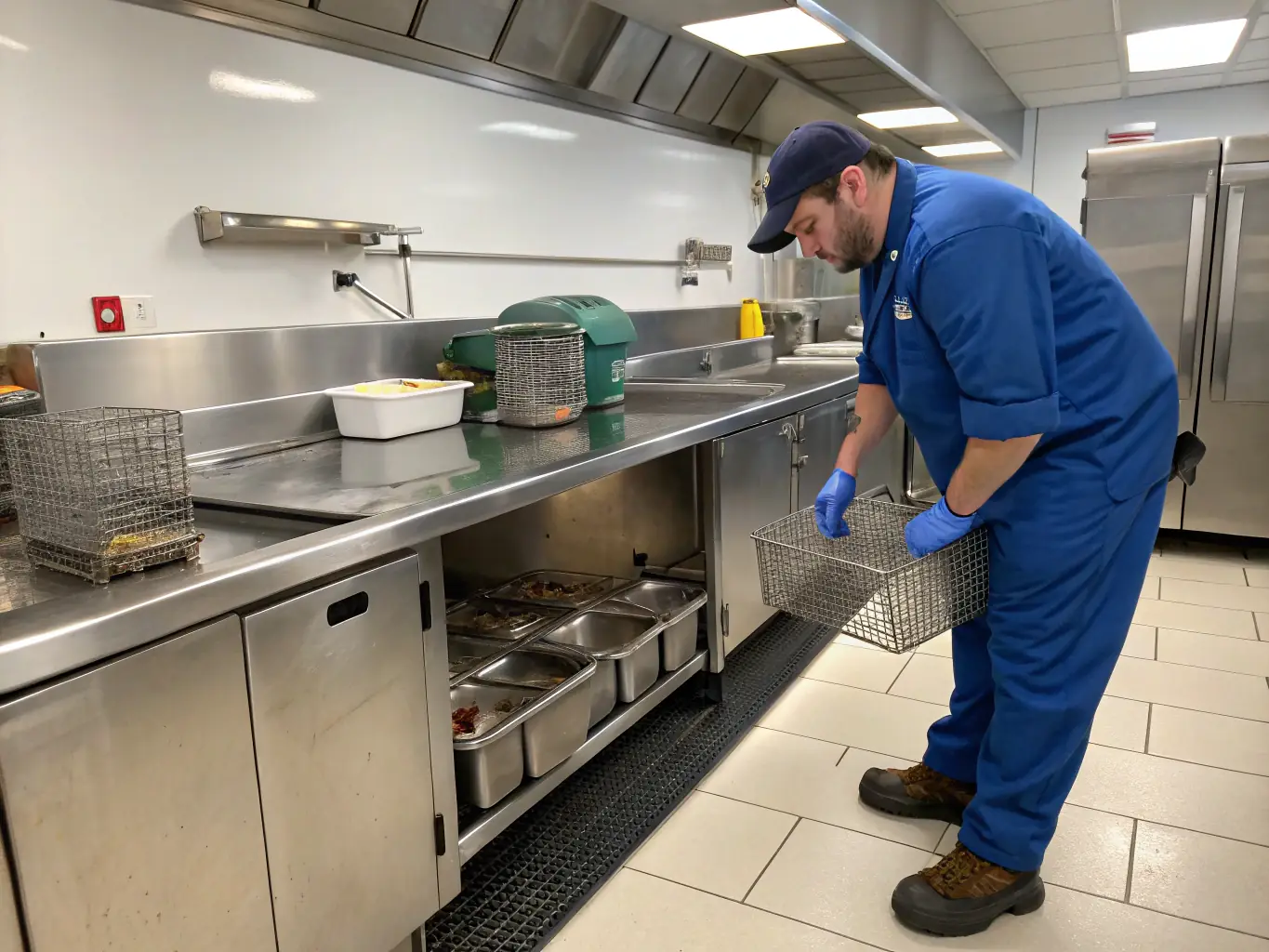 A pest control expert setting up rodent traps and inspecting a commercial kitchen in Gandhinagar, with clear focus on hygiene and safety standards.