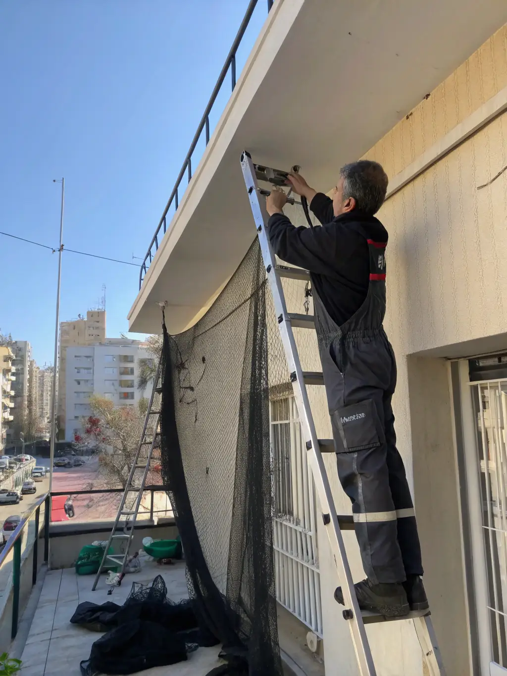 A uniformed Span Shield technician expertly installing a bird net on a high-rise building, using professional tools and safety gear, used to represent professional installation.