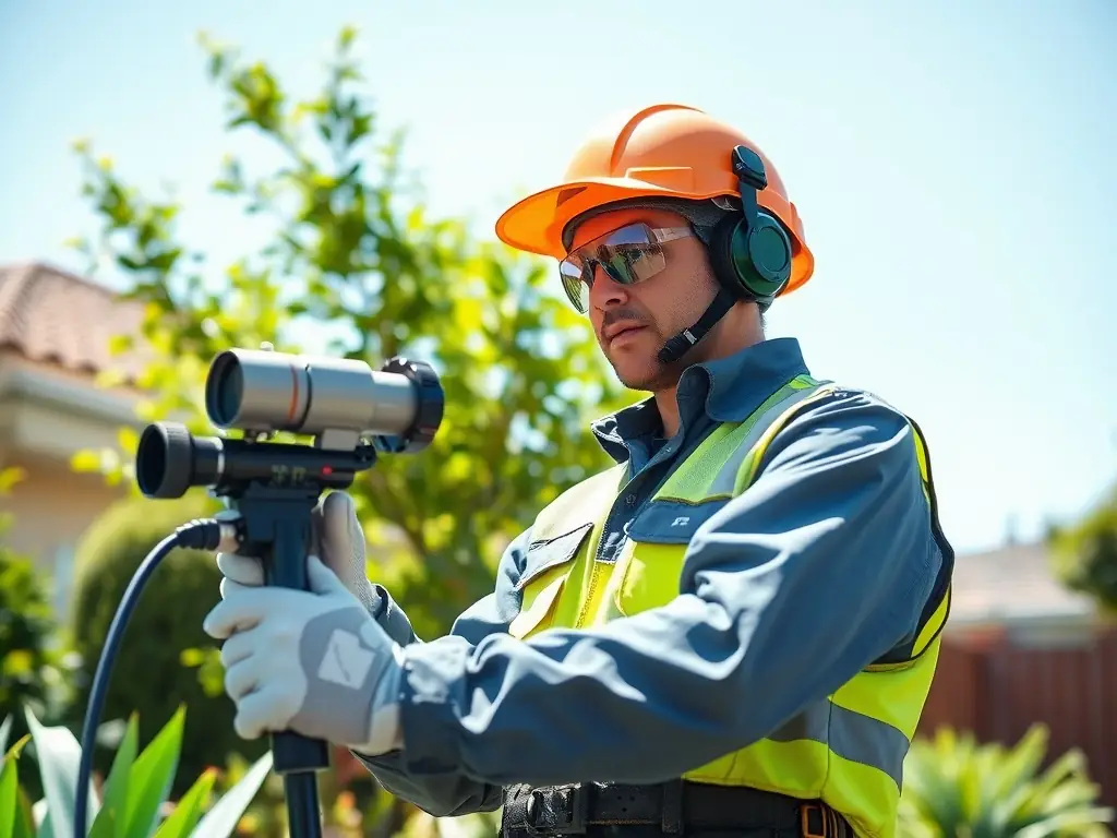 A professional technician in uniform applying anti-termite treatment to the foundation of a modern Gandhinagar home, with safety equipment and branded Span Shield tools visible.