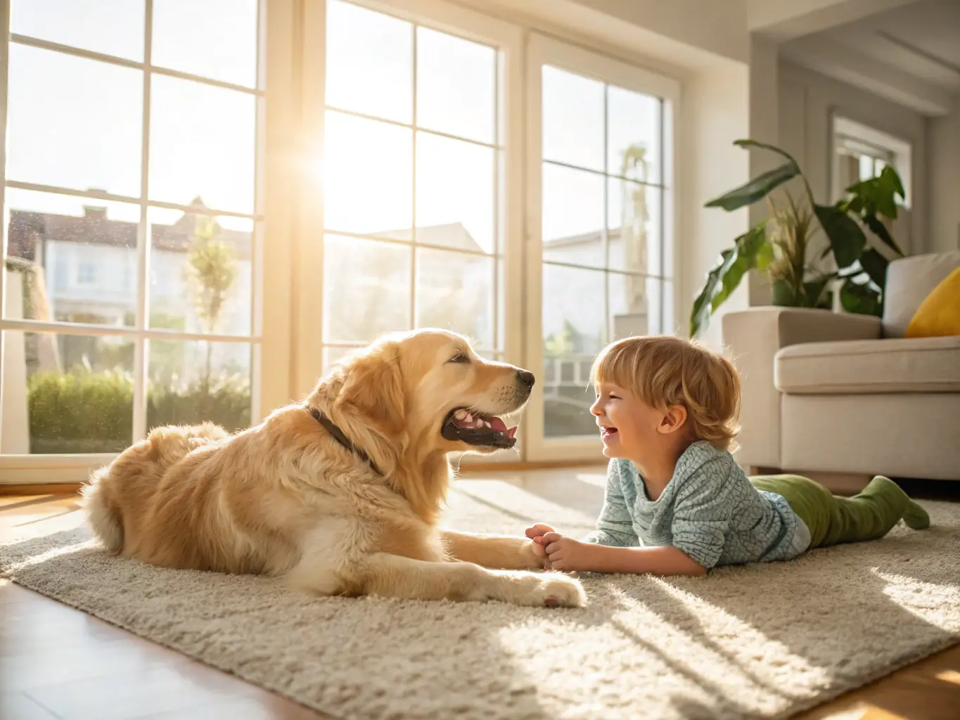 A photo showing a child and a pet safely playing near a window fitted with invisible grills, emphasizing the safety gap and secure installation in a bright, modern home interior.
