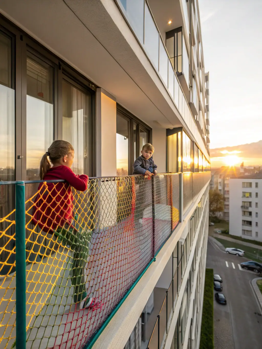 A family with children standing safely behind a transparent bird net on their balcony, smiling and relaxed, with the cityscape in the background, used to convey safety.