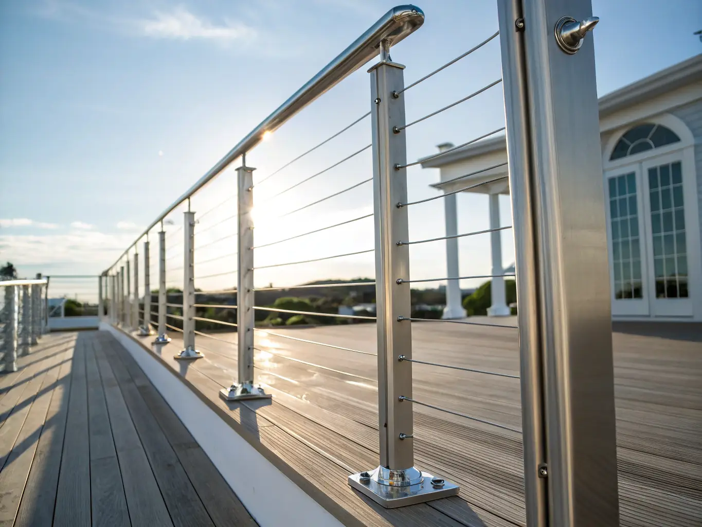 A close-up image of high-tensile SS 316 marine grade stainless steel wire ropes, neatly installed on a modern balcony, highlighting the shine and strength of the material in natural daylight.