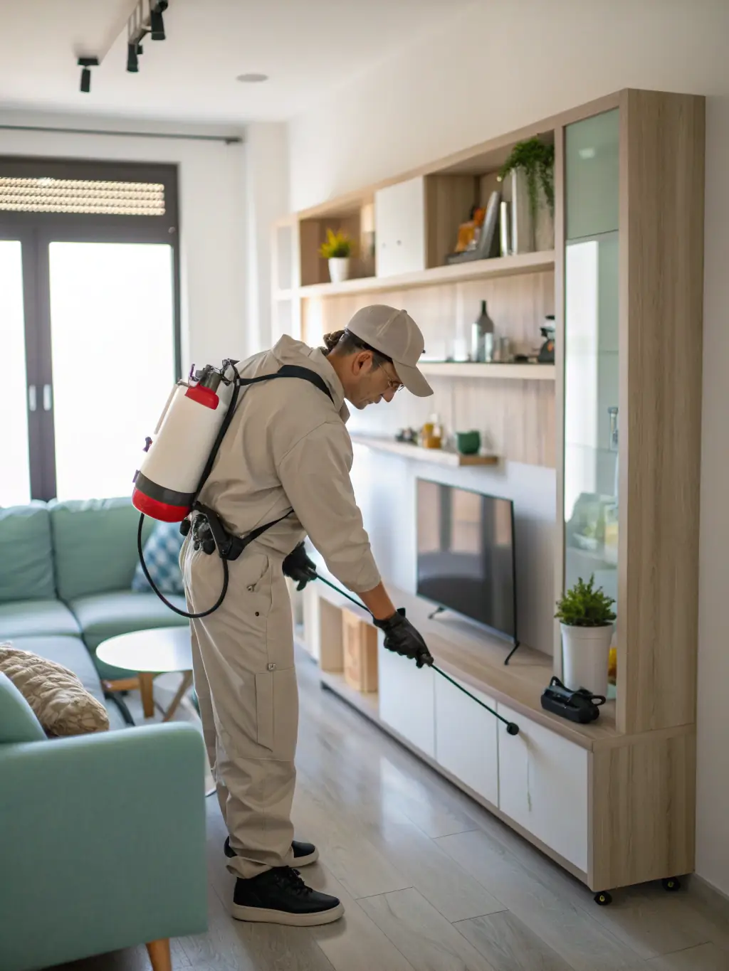 Close-up of a pest control expert inspecting a mattress and spraying eco-friendly chemicals to eliminate bed bugs, with clear focus on hygiene and safety.