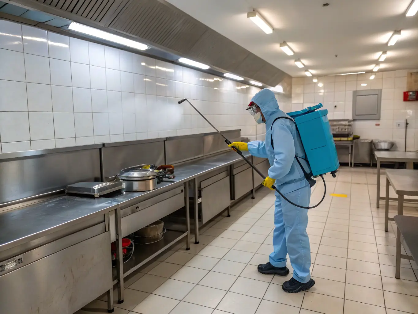 A detailed image of a pest control expert spraying a safe, odorless solution in a kitchen to eliminate flies, mosquitoes, and bed bugs, with visible protective gear and clean surroundings.