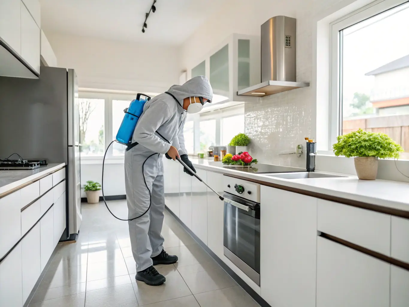 A close-up image of a professional pest control technician in uniform applying eco-friendly termite treatment to a wooden door frame in a modern Indian home, emphasizing safety and expertise.
