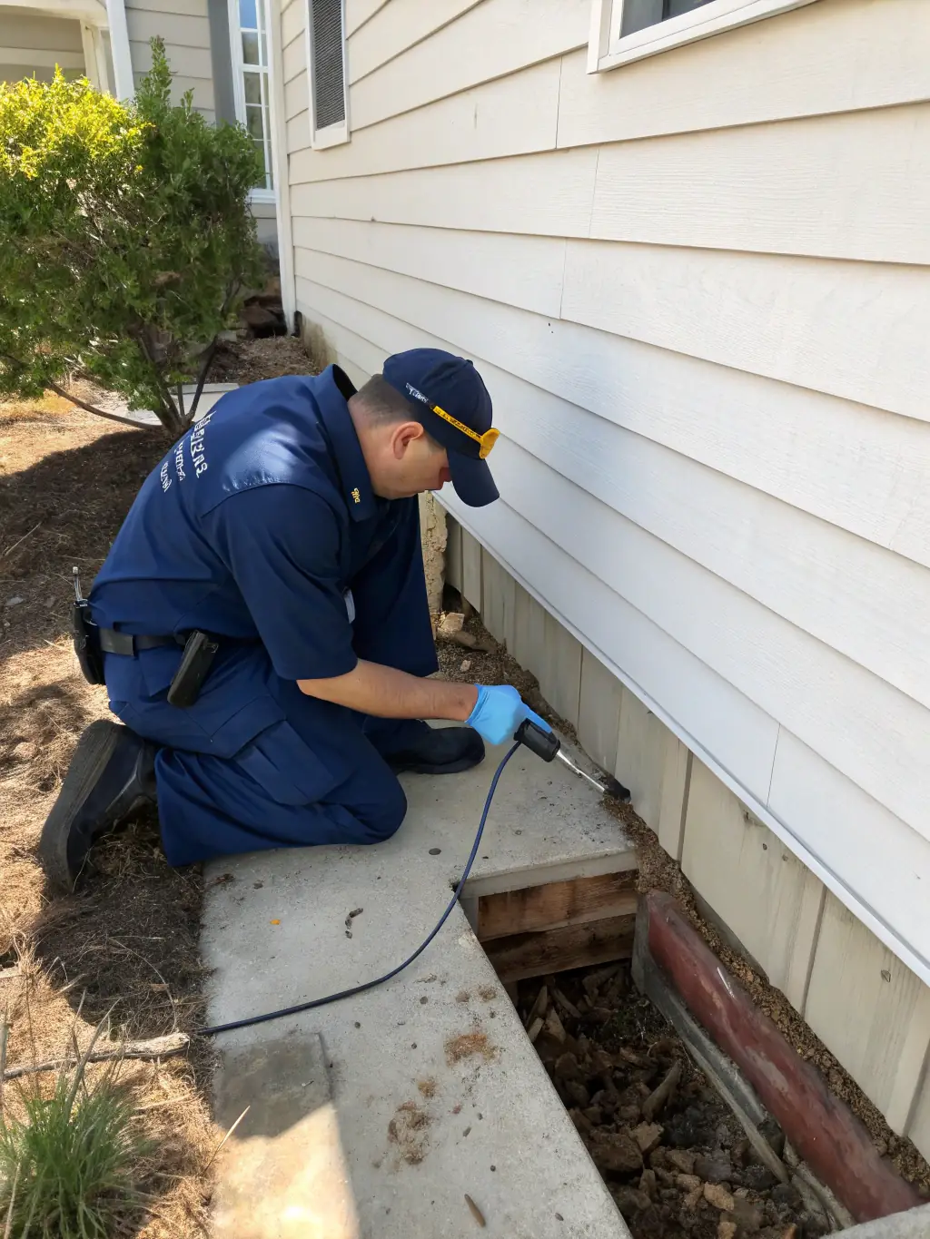 A professional technician in protective gear applying anti-termite treatment to the foundation of a modern home, with visible equipment and safety measures, representing expert termite control services.