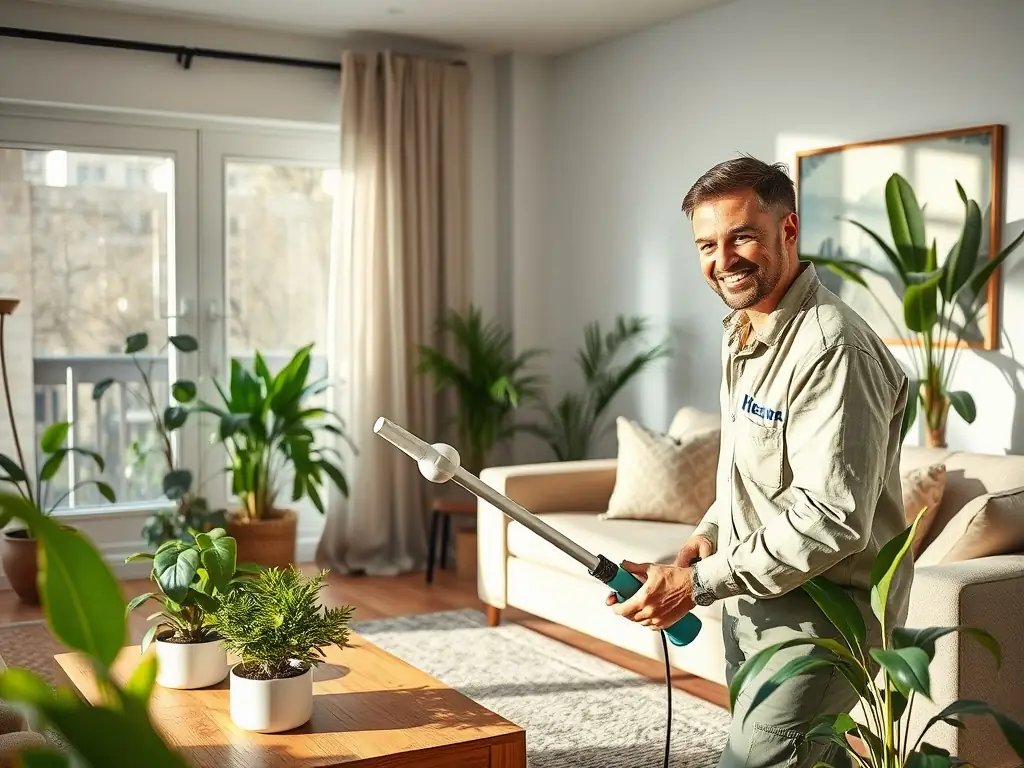 A professional pest control technician in uniform applying eco-friendly spray in a modern, well-lit living room, with green plants visible, emphasizing environmental responsibility and safety for families.