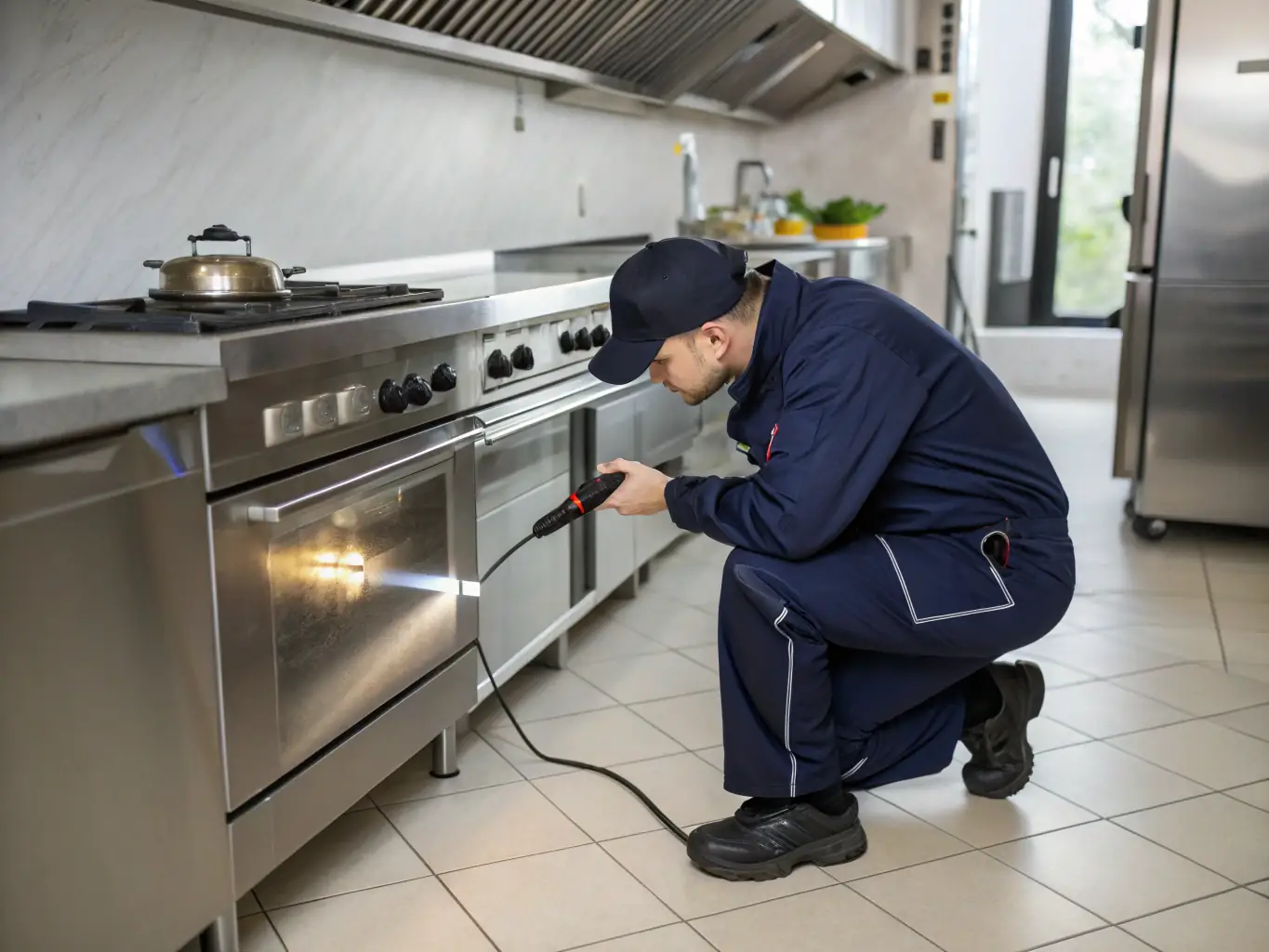 A close-up of a certified pest control expert inspecting a kitchen cabinet with professional tools, wearing gloves and a badge, highlighting expertise and attention to detail.