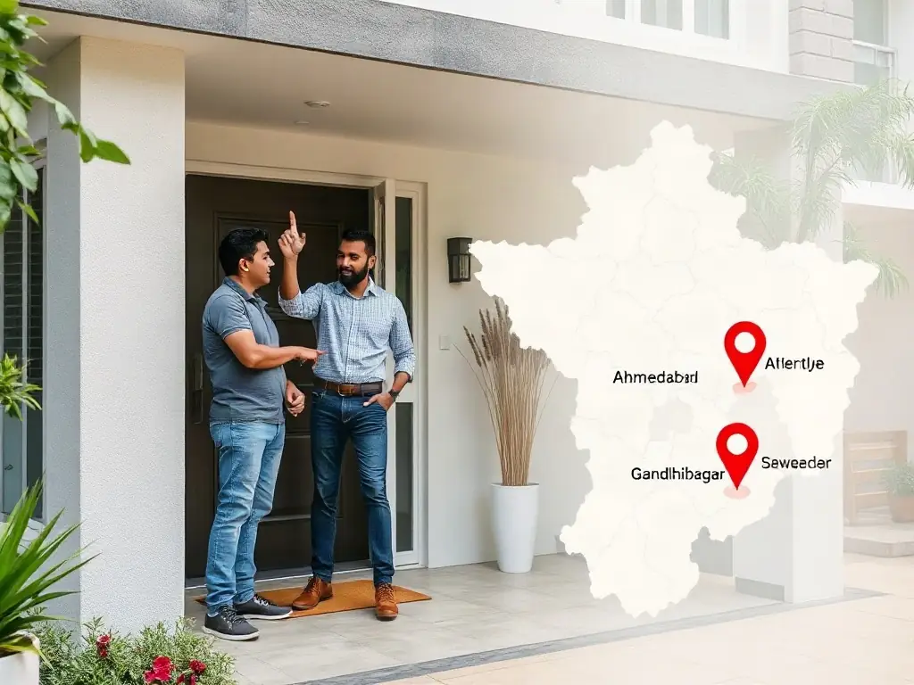 A local map of Ahmedabad and Gandhinagar with Span Shield service points highlighted, and a technician consulting with a homeowner at the doorstep, representing local expertise and personalized service.